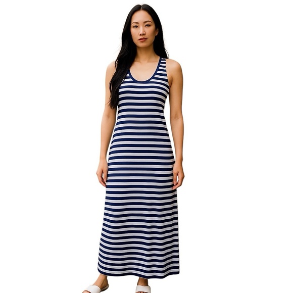 Striped Tank Maxi Dress, M, Spandex, Cream & Navy. Summer Beach Coastal - Picture 1 of 7